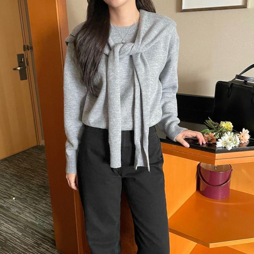 Set: Crewneck Plain Sweater + Shawl Product Image