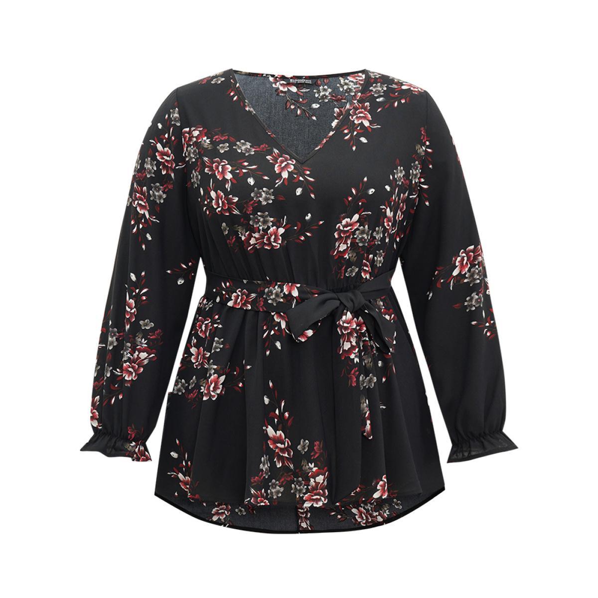 Plus Size BlackFlower Floral Elastic Waist Ruffles Ties Lantern Sleeve Blouse Women Elegant Long Sleeve V-neck Work Blouses BloomChic 18-20/2X Product Image