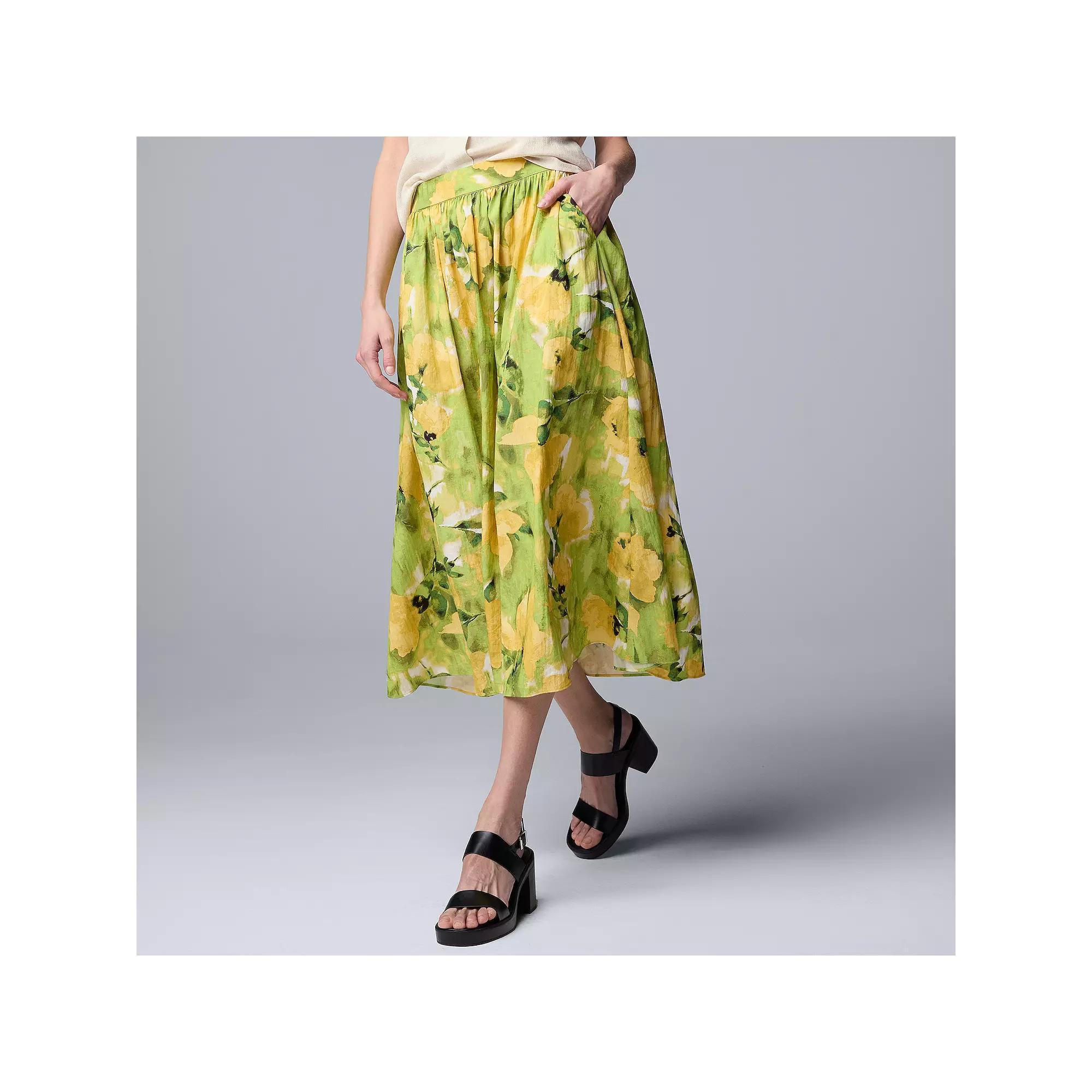 Petite Simply Vera Vera Wang Shirred Midi Skirt, Women's, Size: Medium Petite, Yellow Lt Green Floral Product Image