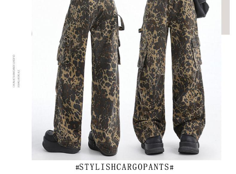 Mid Waist Leopard Print Wide Leg Cargo Jeans Product Image