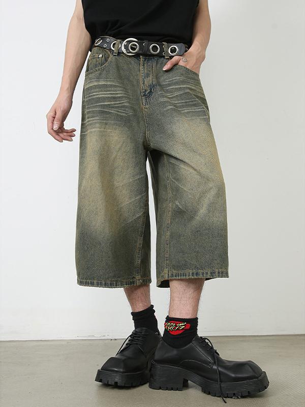 Men'S Retro Washed Wide Leg Straight Denim Shorts Product Image