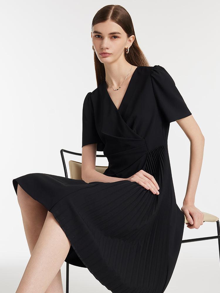 V-Neck Patchwork Pleated Women Mini Dress Product Image
