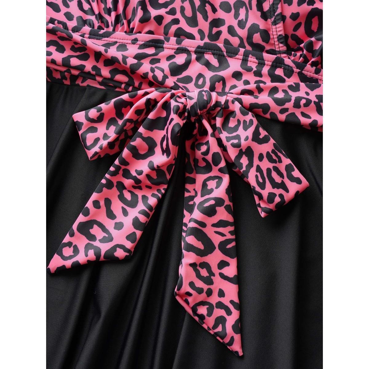 Plus Size Leopard Print Patchwork Tie Knot Swim Dress Women's Swimwear Leopard Beach Bodycon Overlap Collar High stretch Curve Swim Dresses BloomChic 22-24/3X Product Image