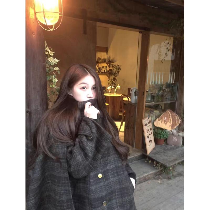 Scarf Neck Plaid Button Coat Product Image