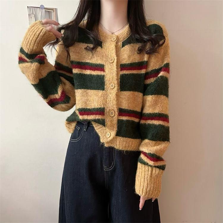 Round Neck Striped Cardigan Product Image