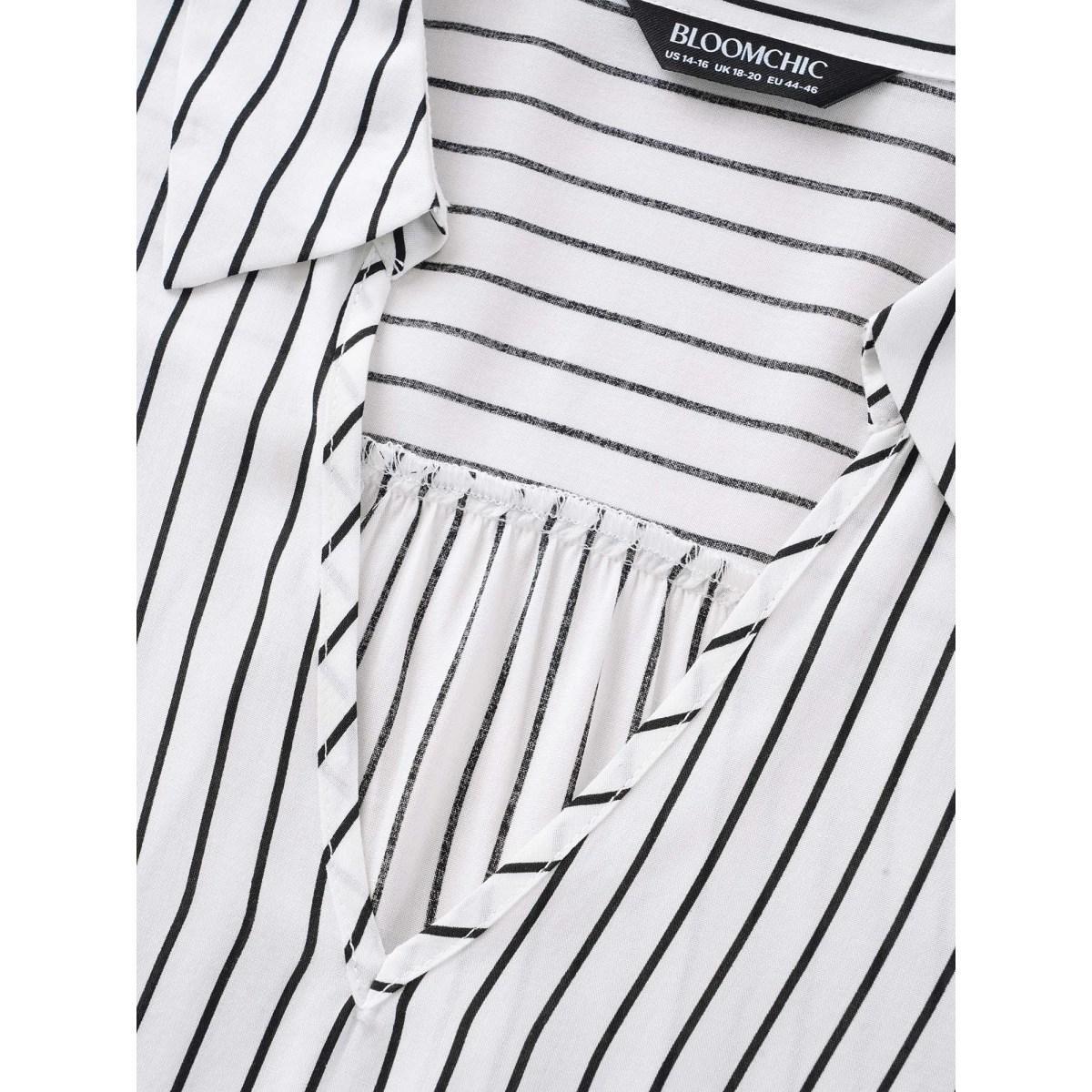 Plus Size WhiteSmoke Striped Lapel Collar Lantern Sleeve Blouse Women Workwear Essentials Long Sleeve V-neck Work Blouses BloomChic 14-16/1X Product Image