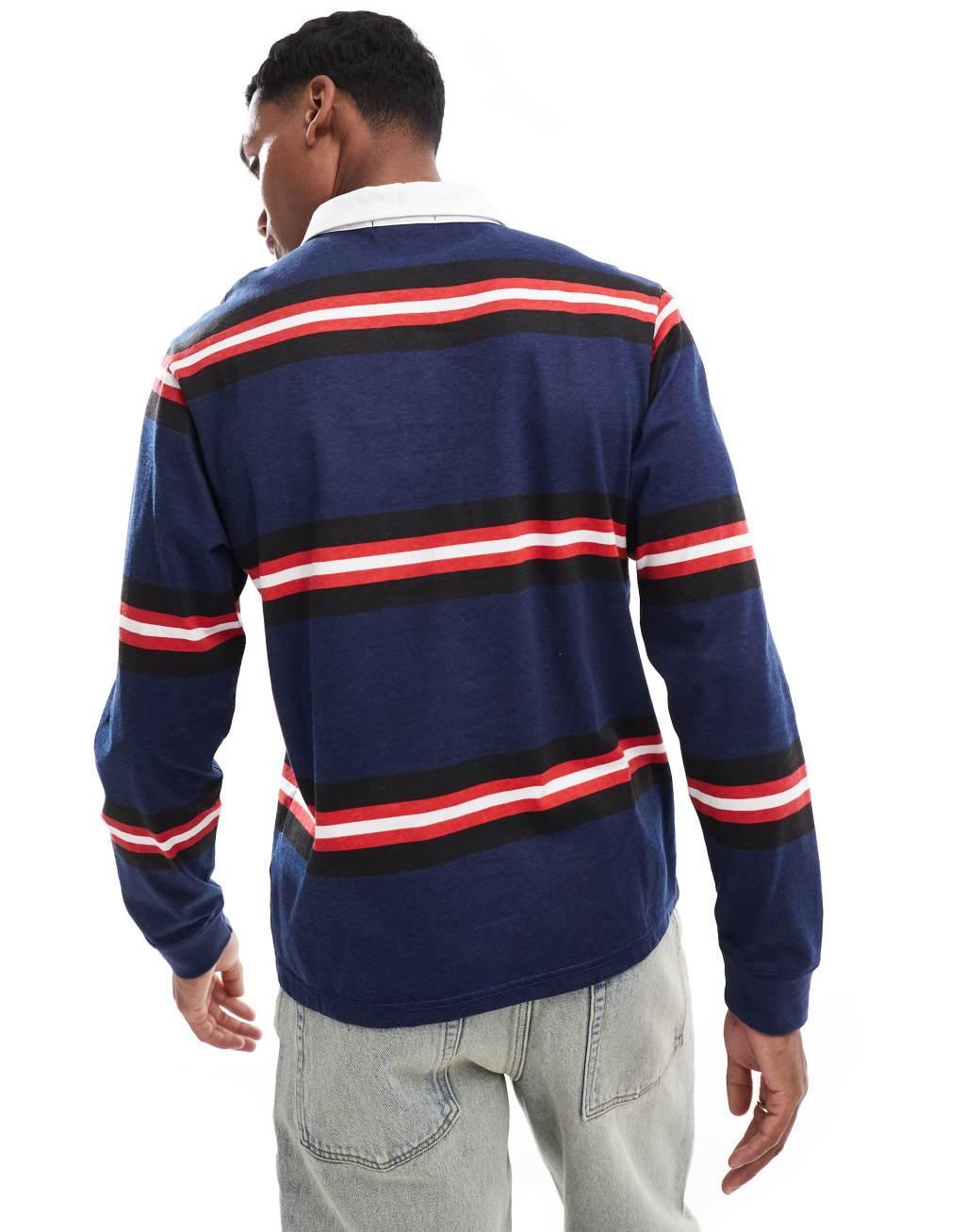 Another Influence striped long sleeve polo shirt in navy Product Image