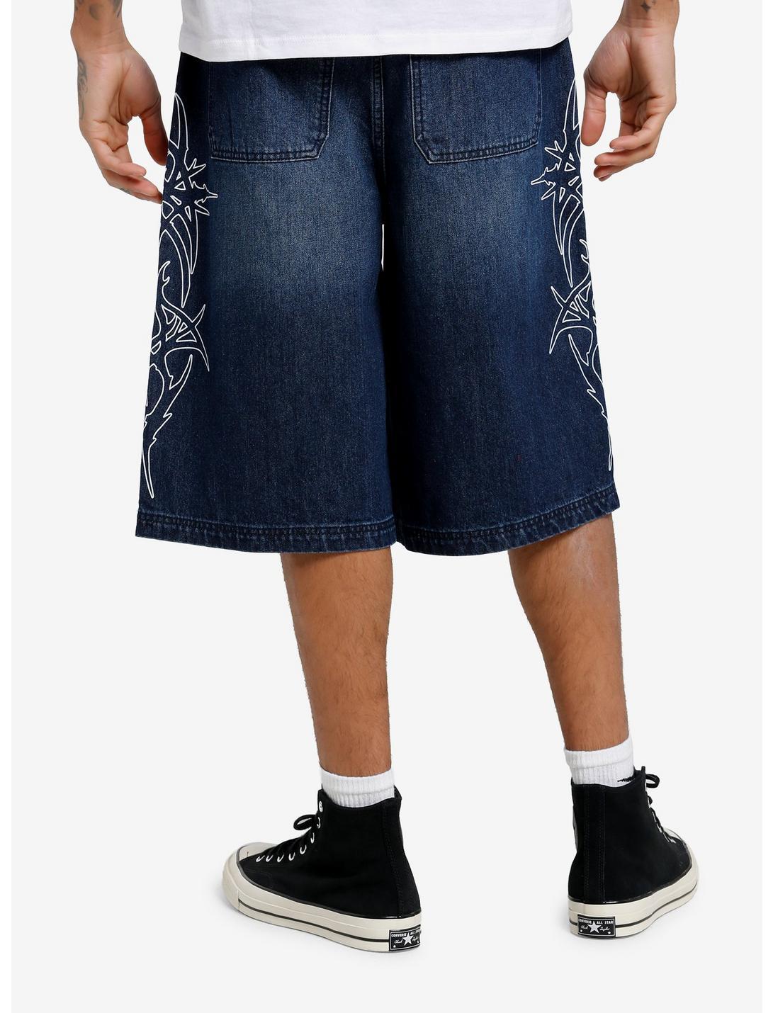 Dark Indigo Cyber Tribal Print Wide Denim Shorts Product Image