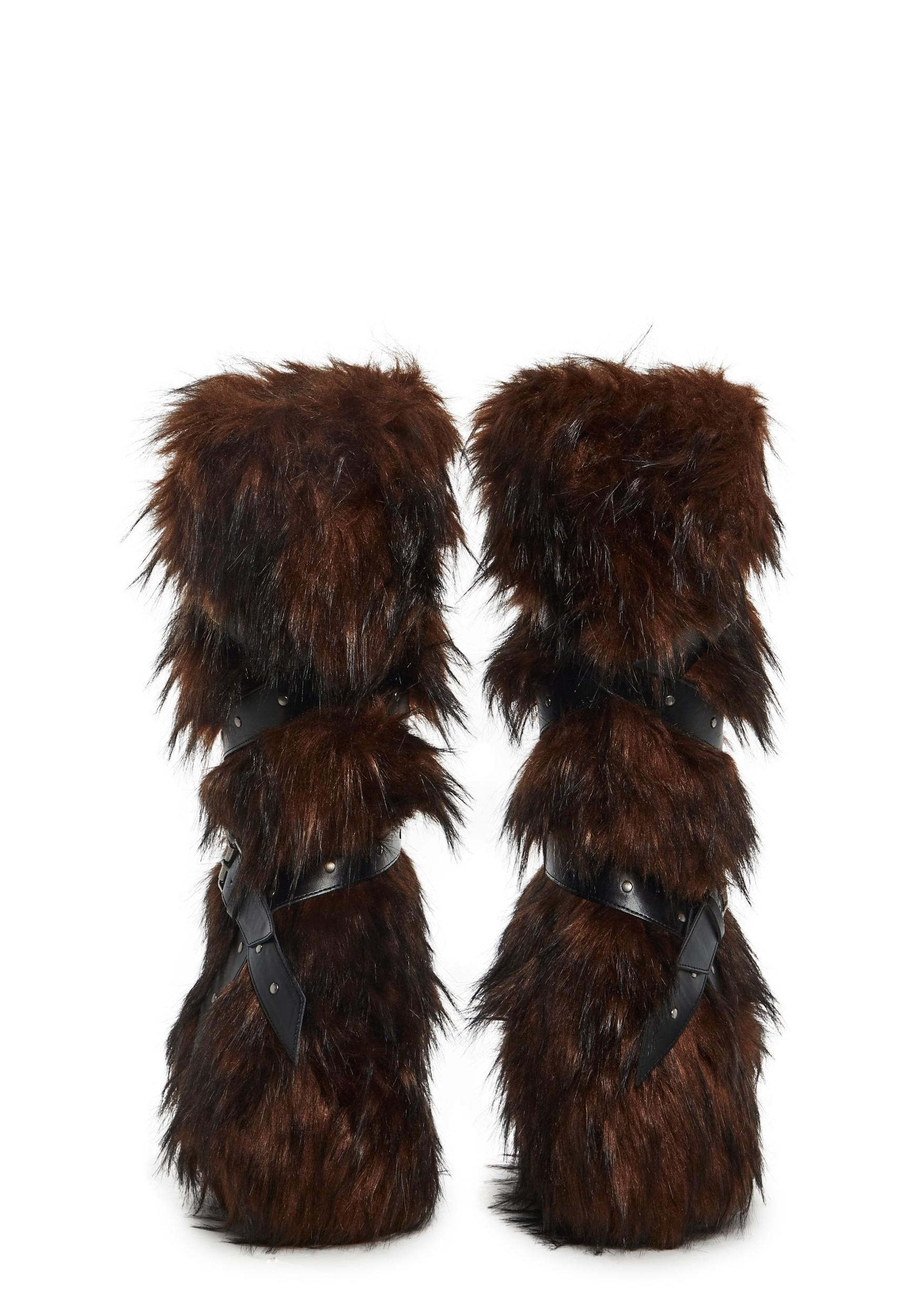 Club Exx Burning Man Faux Fur Strappy Knee High Wedge Platform Boots - Dark Brown Product Image