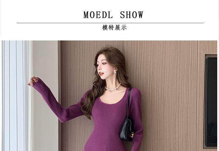 Long-Sleeve Scoop Neck Plain Ribbed Knit Midi Sheath Dress Product Image