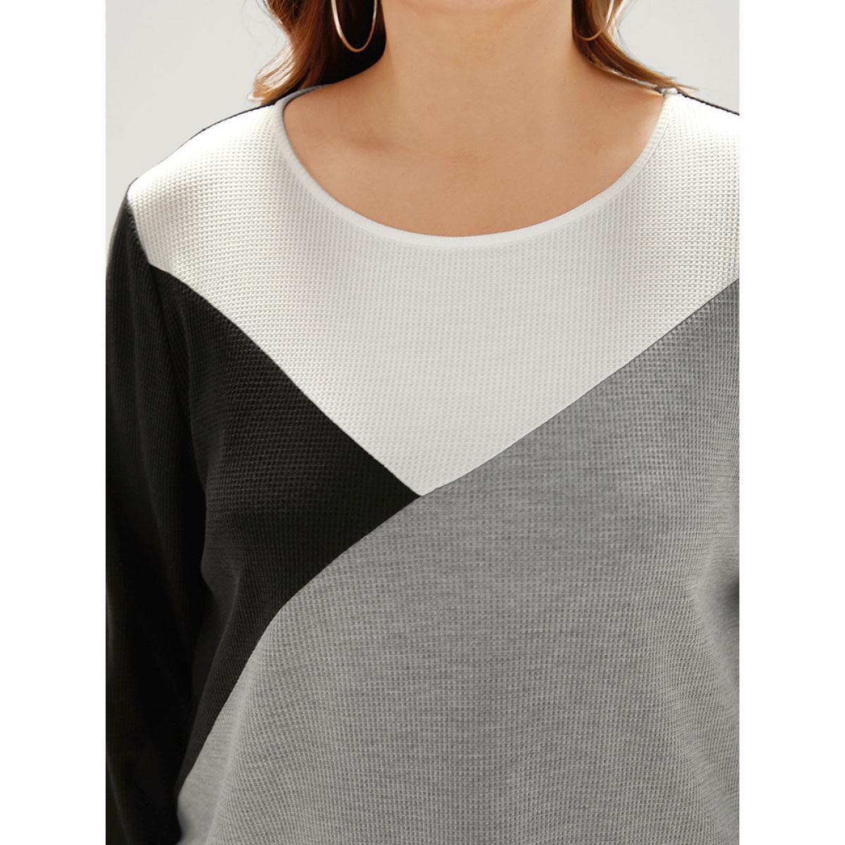 Plus Size Colorblock Contrast Crew Neck Long Sleeve T-shirt Multicolor Women Casual Elastic cuffs Plain Round Neck Dailywear T-shirts BloomChic 14-16/1X Product Image