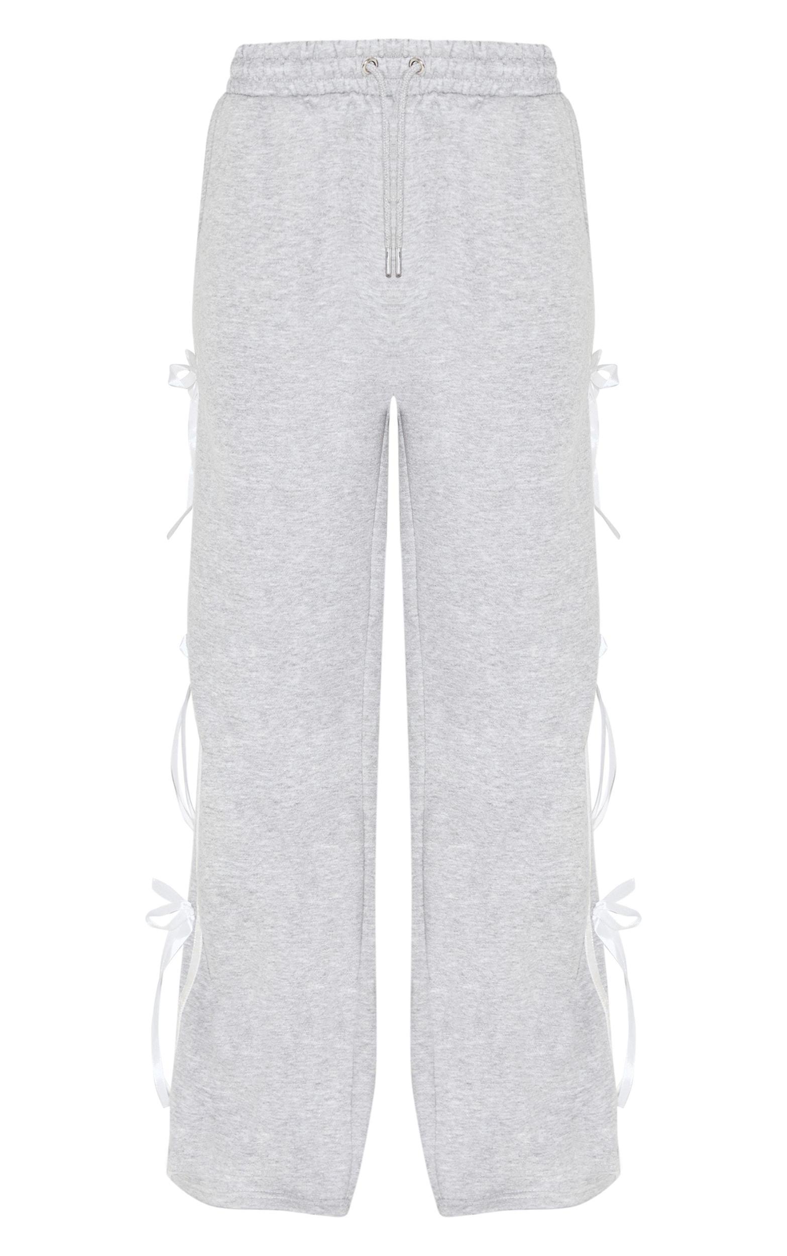 Grey Marl Velvet Bow Detail Wide Leg Sweatpants Product Image