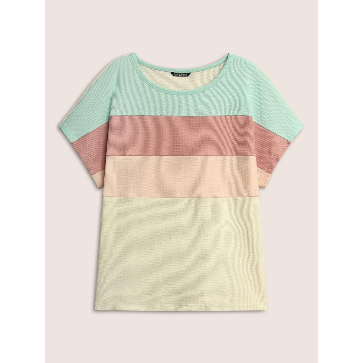 Plus Size Waffle Knit Colorblock Contrast Dolman Sleeve T-shirt Multicolor Women Casual Texture Round Neck Everyday T-shirts BloomChic 10/M Product Image