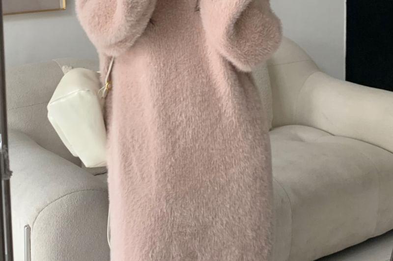 Crew Neck Plain Fluffy Midi Sweater Dress Product Image