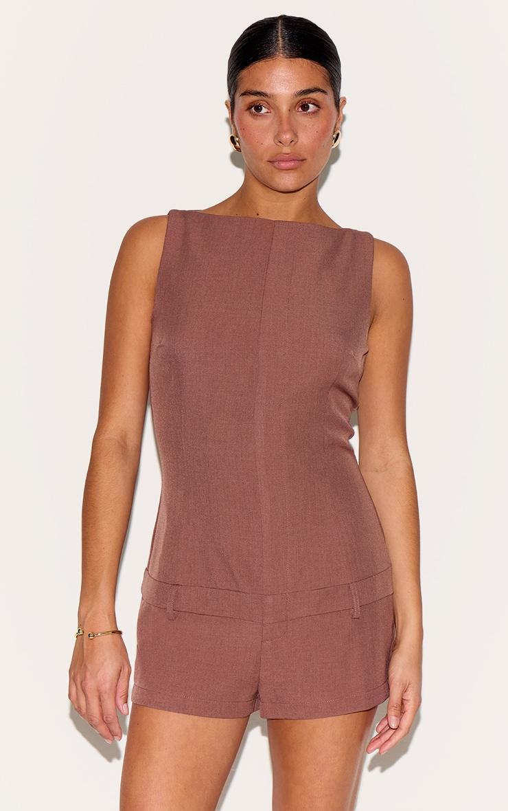 Petite Mocha Tailored Boat Neck Romper Product Image