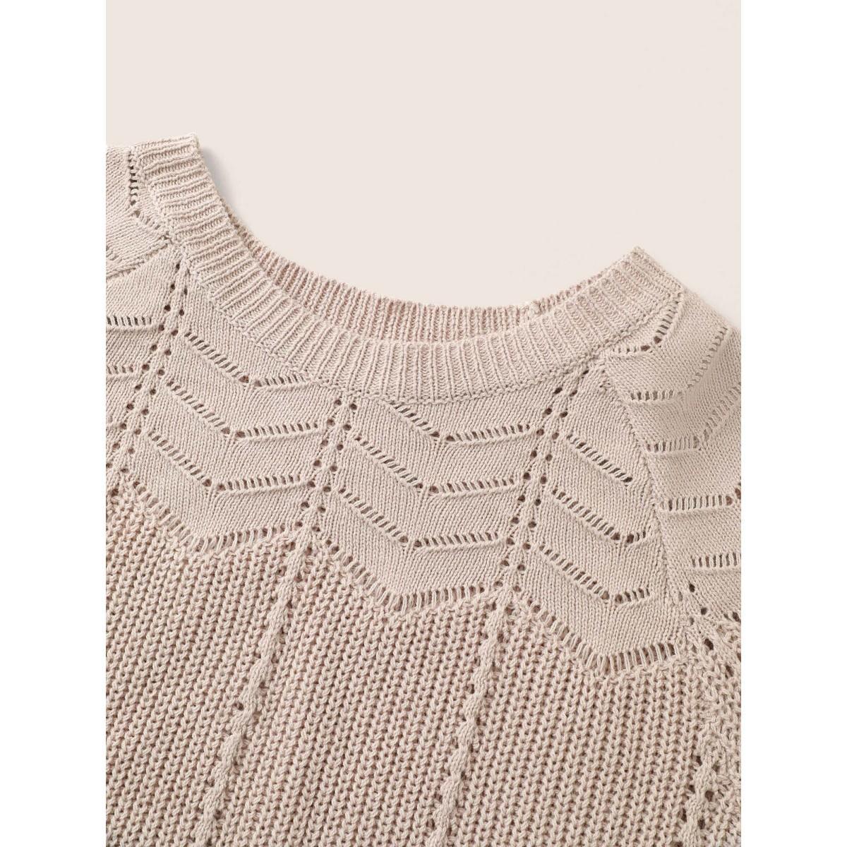 Plus Size Plain Texture Raglan Sleeve Pointelle Knit Pullover Apricot Women Casual Long Sleeve Round Neck Everyday Pullovers BloomChic 10/M Product Image