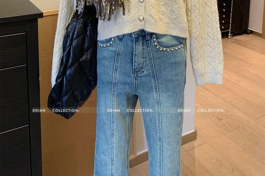 V-Neck Plain Cable Knit Button-Up Crop Cardigan Product Image