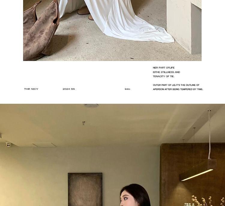 Set: Long-Sleeve Cold Shoulder Plain Ruched Midi A-Line Dress + Slipdress Product Image