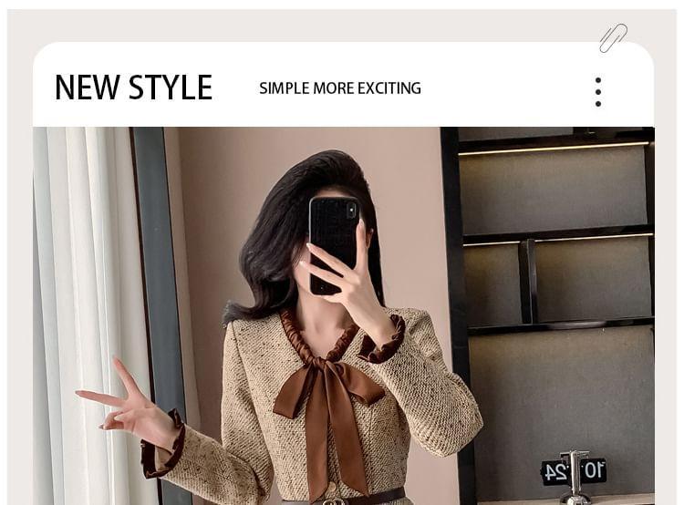Long-Sleeve Ribbon Neck Tweed Mini A-Line Pleated Dress Product Image