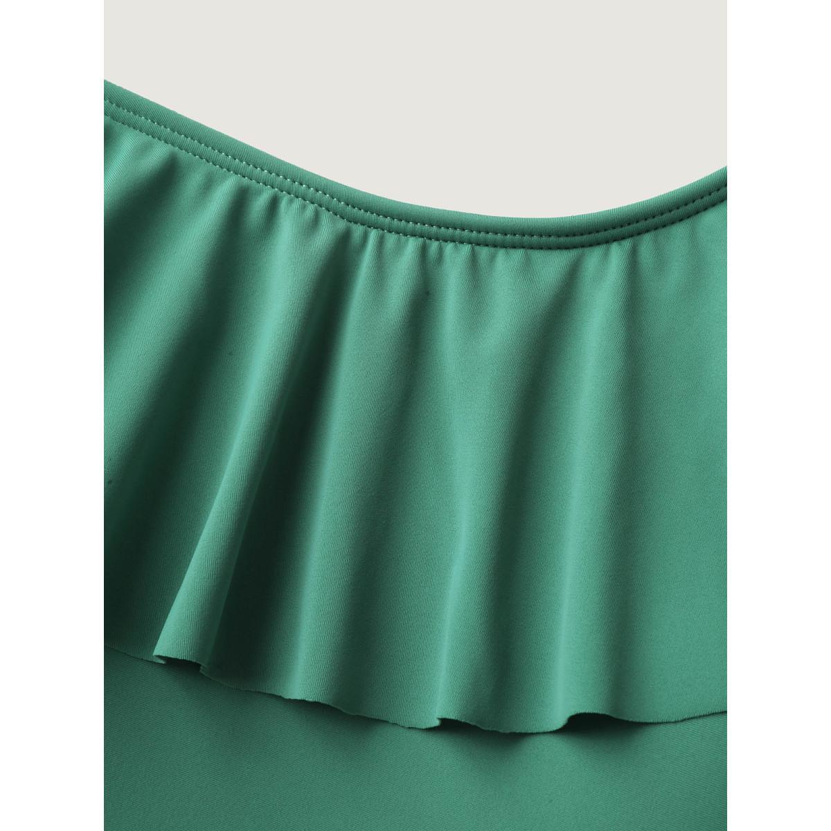 Plus Size Ruffled Asymmetrical Shoulder Strap Swim Top Women's Swimwear Greenbean Beach Ruffles High stretch Skinny Asymmetrical Neck Curve Swim Tops BloomChic 18-20/2X Product Image