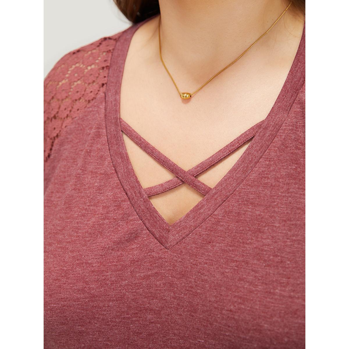 Plus Size Plain Lace Raglan Sleeve Heather Crisscross Neck T-shirt Russet Women Elegant Patchwork Plain V-neck Dailywear T-shirts BloomChic 28/5X Product Image
