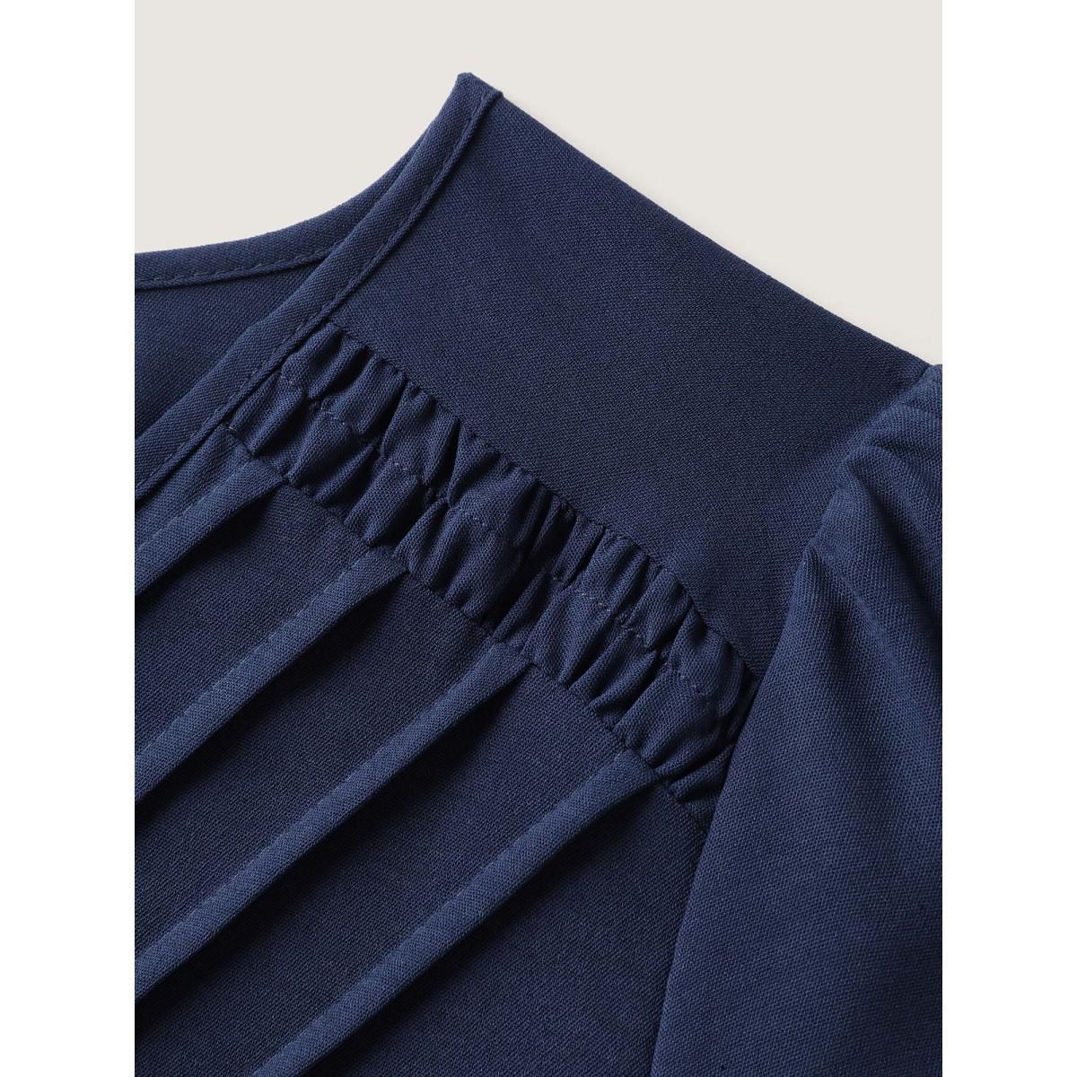 Plus Size Indigo Lace Plicated Detail Cinched Flared Blouse Women Short sleeve V-neck Work Blouses BloomChic 14-16/1X Product Image