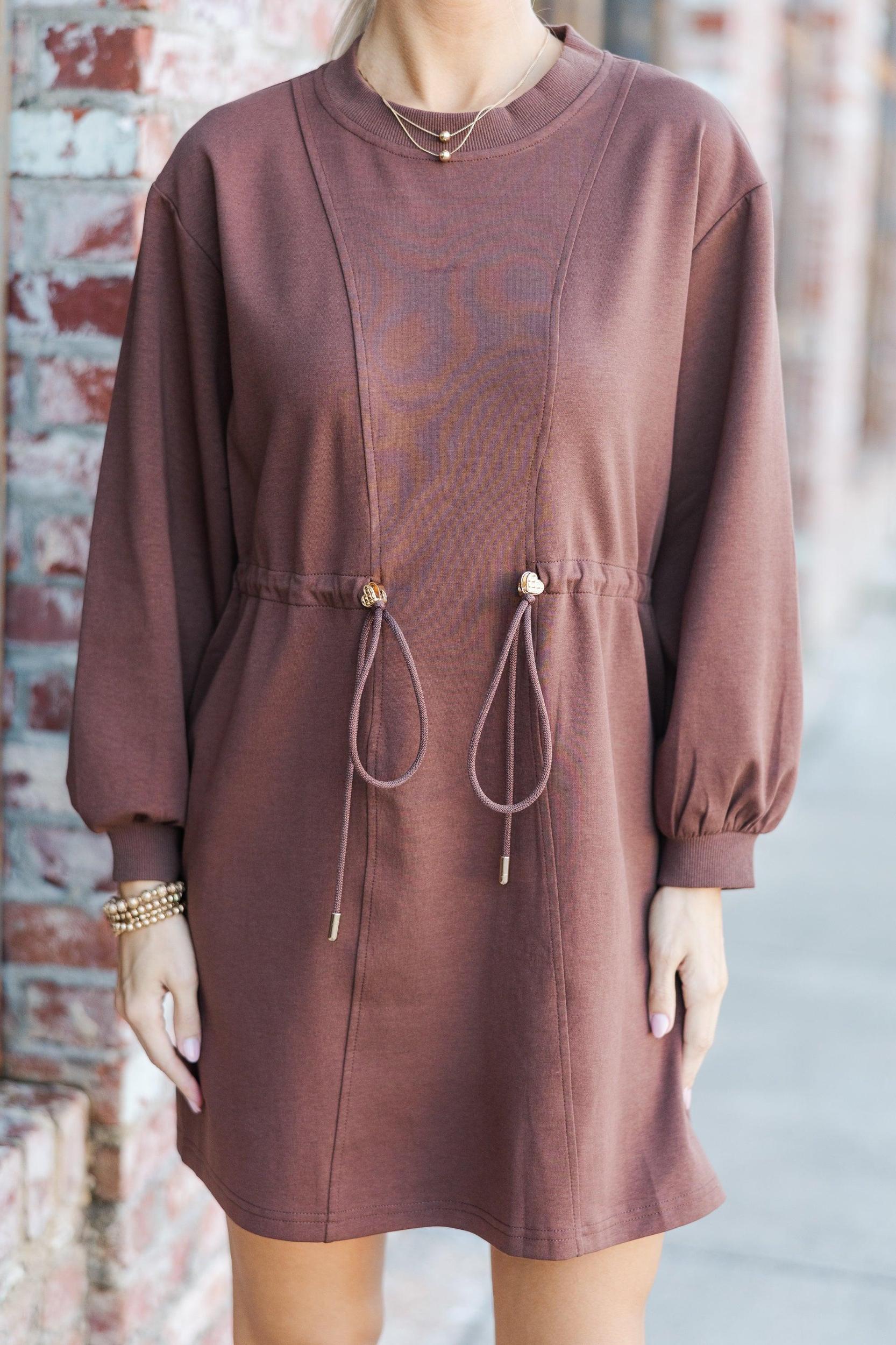 Season Of Love Espresso Brown Drawstring Dress Female Product Image