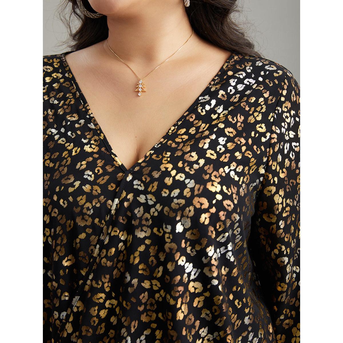 Plus Size Black Leopard Glitter Wrap V Neck Blouse Women Glamour Elbow-length sleeve V-neck Going out Blouses BloomChic 12/L Product Image