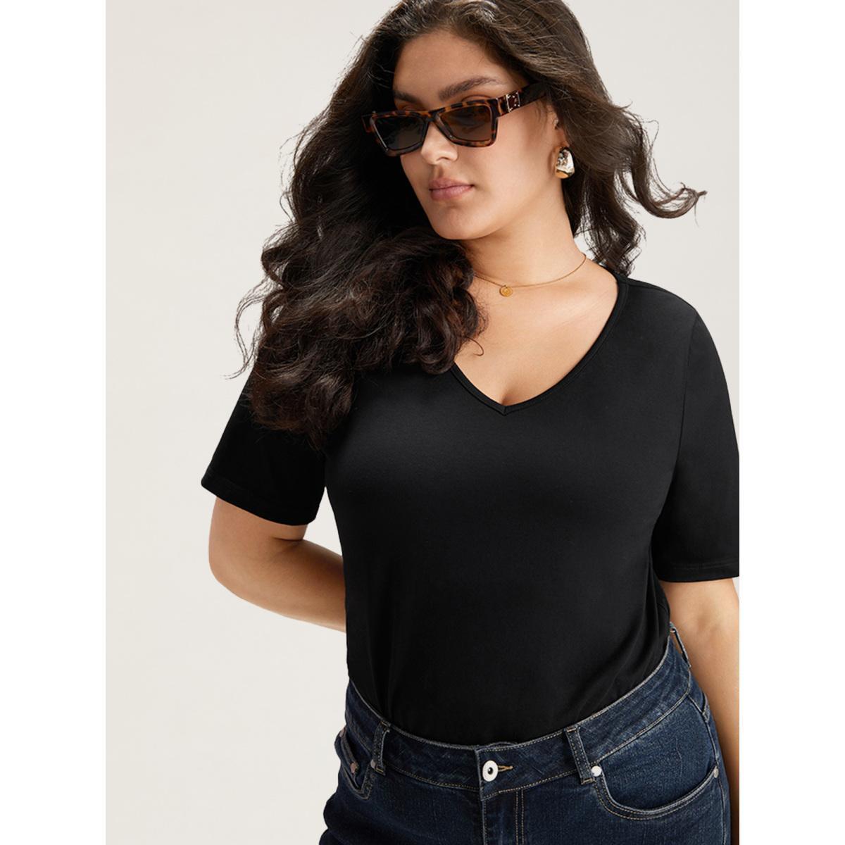 Plus Size Cotton V Neck Plain Basic T-shirt Black Women Basics Non Plain V-neck Everyday T-shirts BloomChic 12/L Product Image