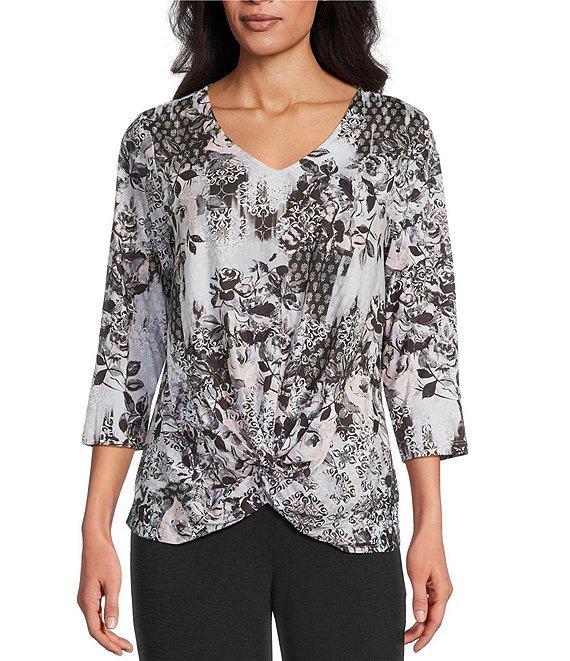 Allison Daley Foulard Floral Print Embellished 3/4 Sleeve V-Neck Knit Top Product Image