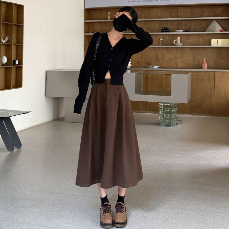 High Waist Plain Midi A-Line Skirt Product Image