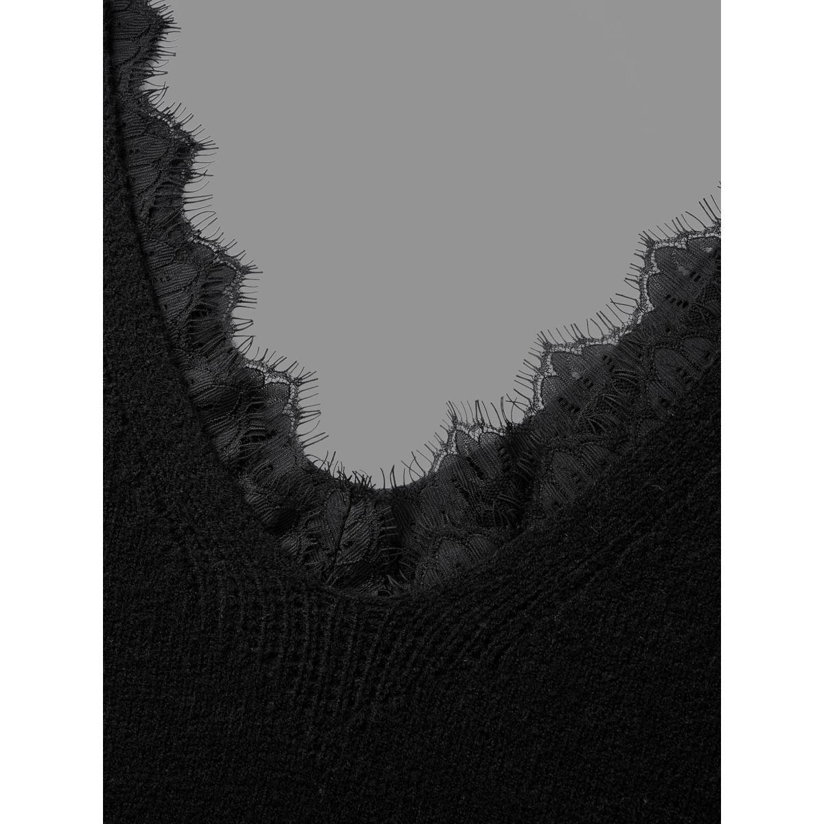 Plus Size V Neck Lace Patchwork Backless Pullover Black Women Elegant Long Sleeve V-neck Everyday Pullovers BloomChic 30/6X Product Image