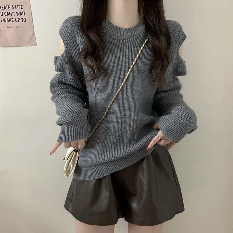 Round Neck Plain Cutout Ribbed Sweater Product Image