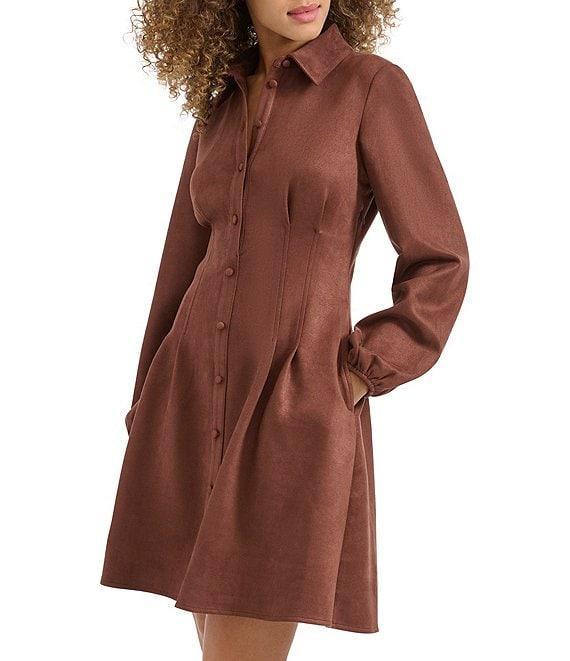 Kensie Suede Collar Neck Long Sleeve Button Front Pleated Mini Dress Product Image