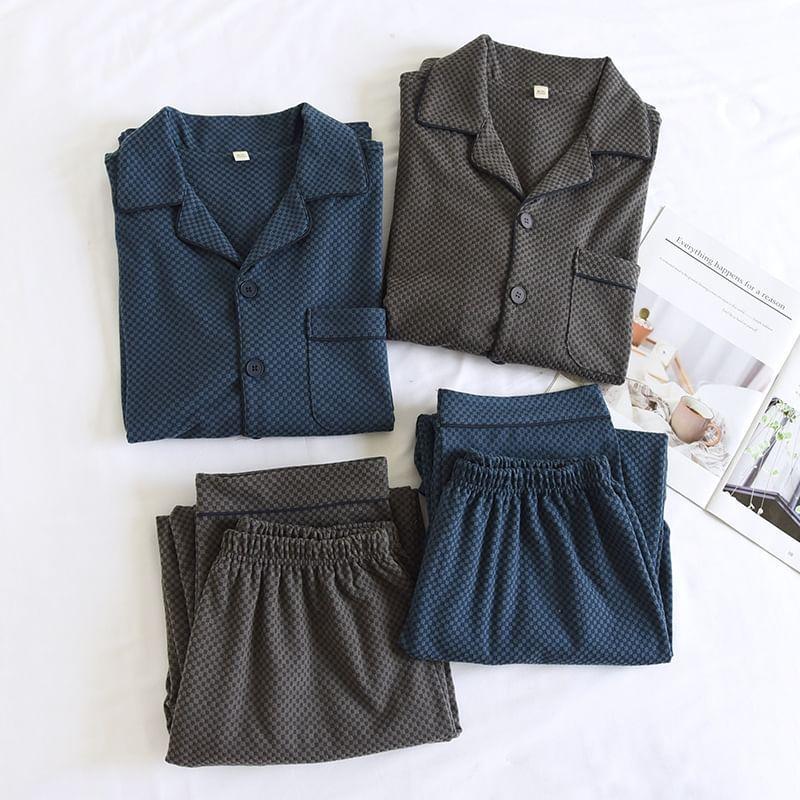 Pajama Set: Long Sleeve Collared Checker Shirt + Elastic Waist Straight Leg Pants Product Image