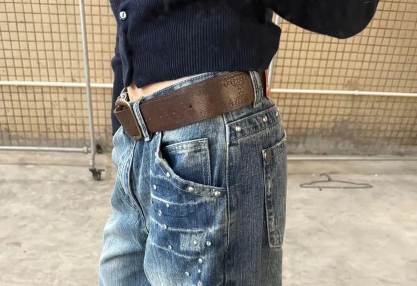 Mid Waist Washed Studded Wide Leg Jeans Product Image