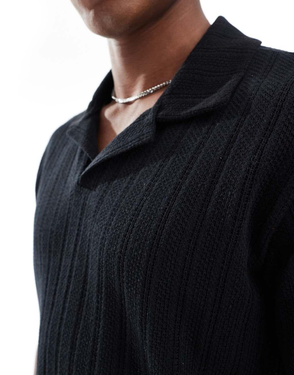 Pull&Bear knit polo shirt in black Product Image