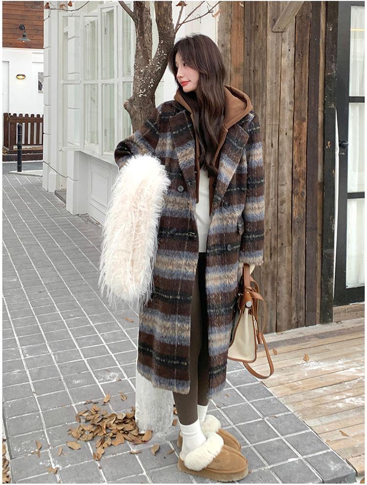 Plaid Hooded Mock Two-Piece Midi Double-Breasted Coat Product Image