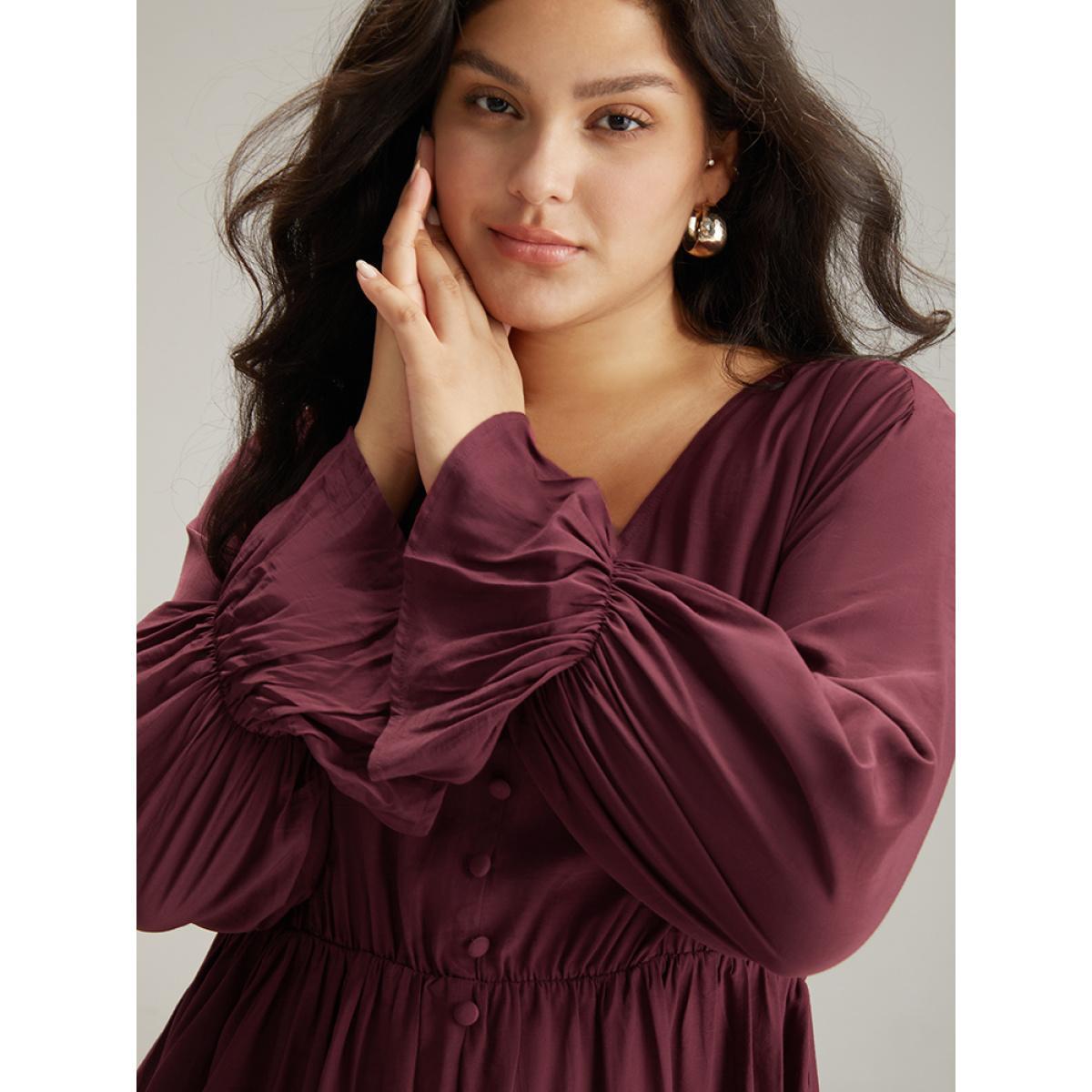 Plus Size Burgundy Button Detail Ruffle Trim Blouse Women Elegant Long Sleeve V-neck Dailywear Blouses BloomChic 18-20/2X Product Image