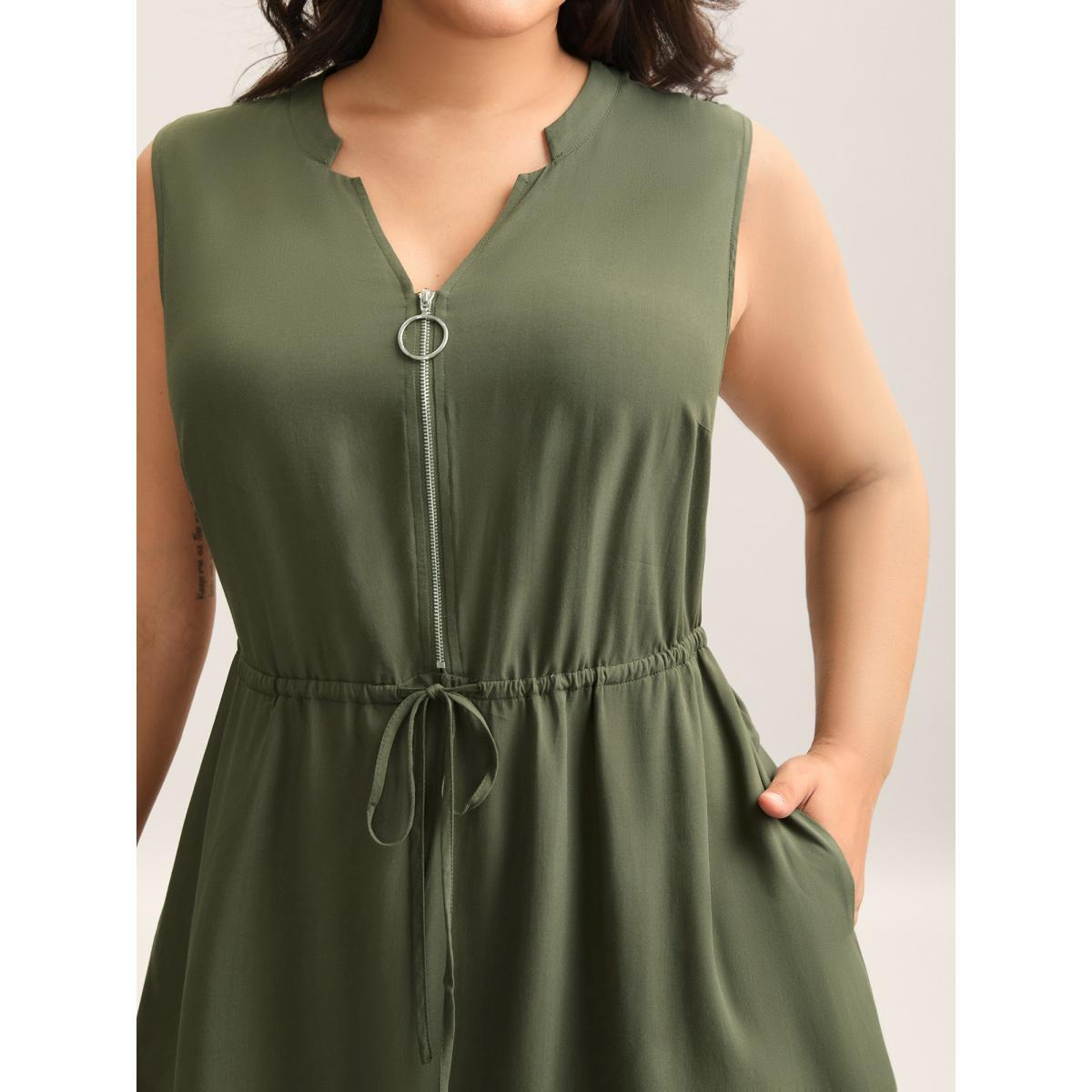 Plus Size Rayon Zipper Front Waist-Tie Midi Dress DarkGreen Women V-neck Sleeveless Curvy BloomChic 30/6X Product Image