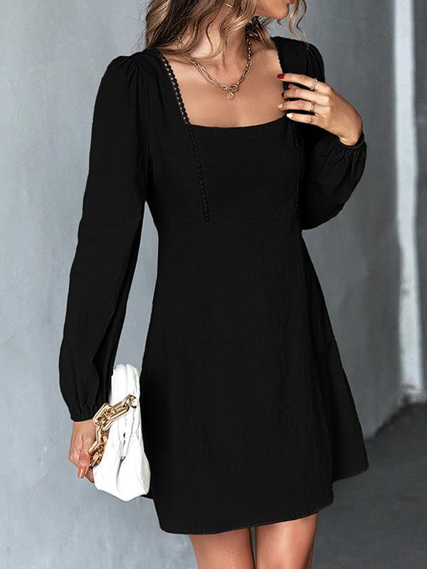 A-Line High Waisted Solid Color Split-Joint Square-Neck Mini Dresses Product Image