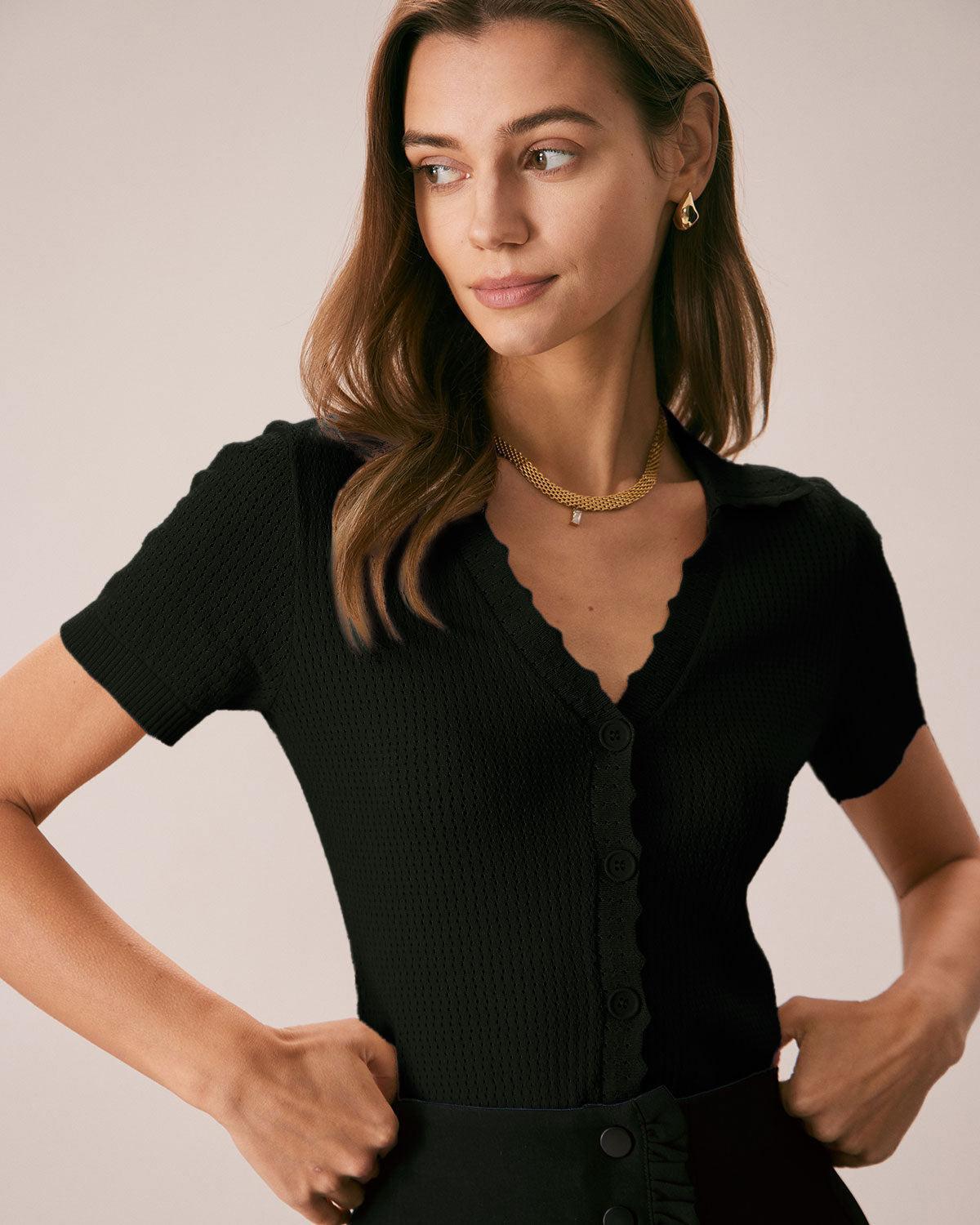 Black V Neck Button Pointelle Knit Tee Product Image