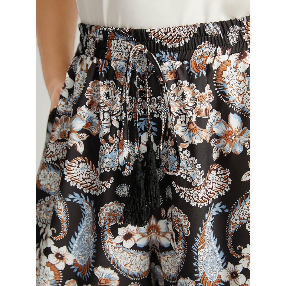 Plus Size Boho Print Tassel Elastic Waist Pants Women Black Resort Straight Leg High Rise Vacation Pants BloomChic 30/6X Product Image