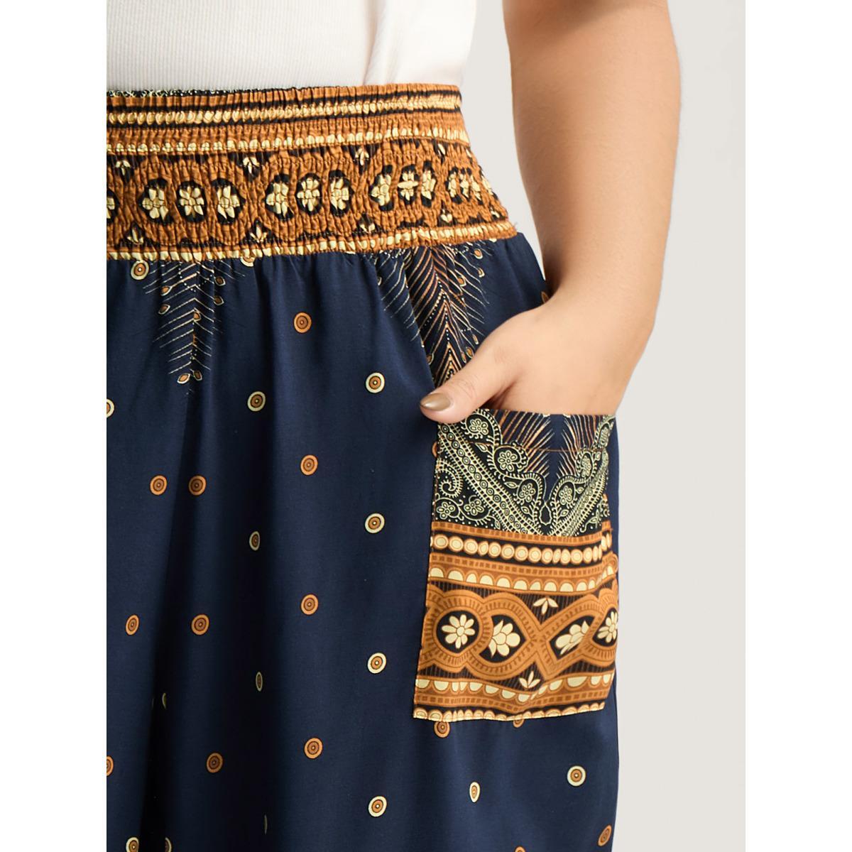 Plus Size Peacock Print Shirred Jogger Pants Women Indigo Resort Mid Rise Vacation Pants BloomChic 14-16/1X Product Image