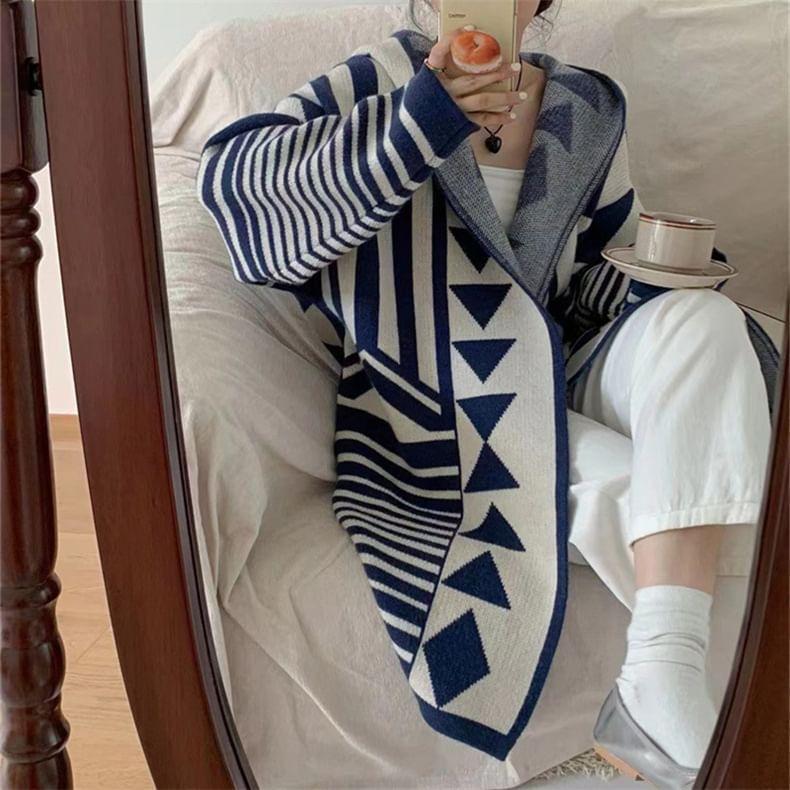Geometric Print Hooded Open Front Long Cardigan Product Image