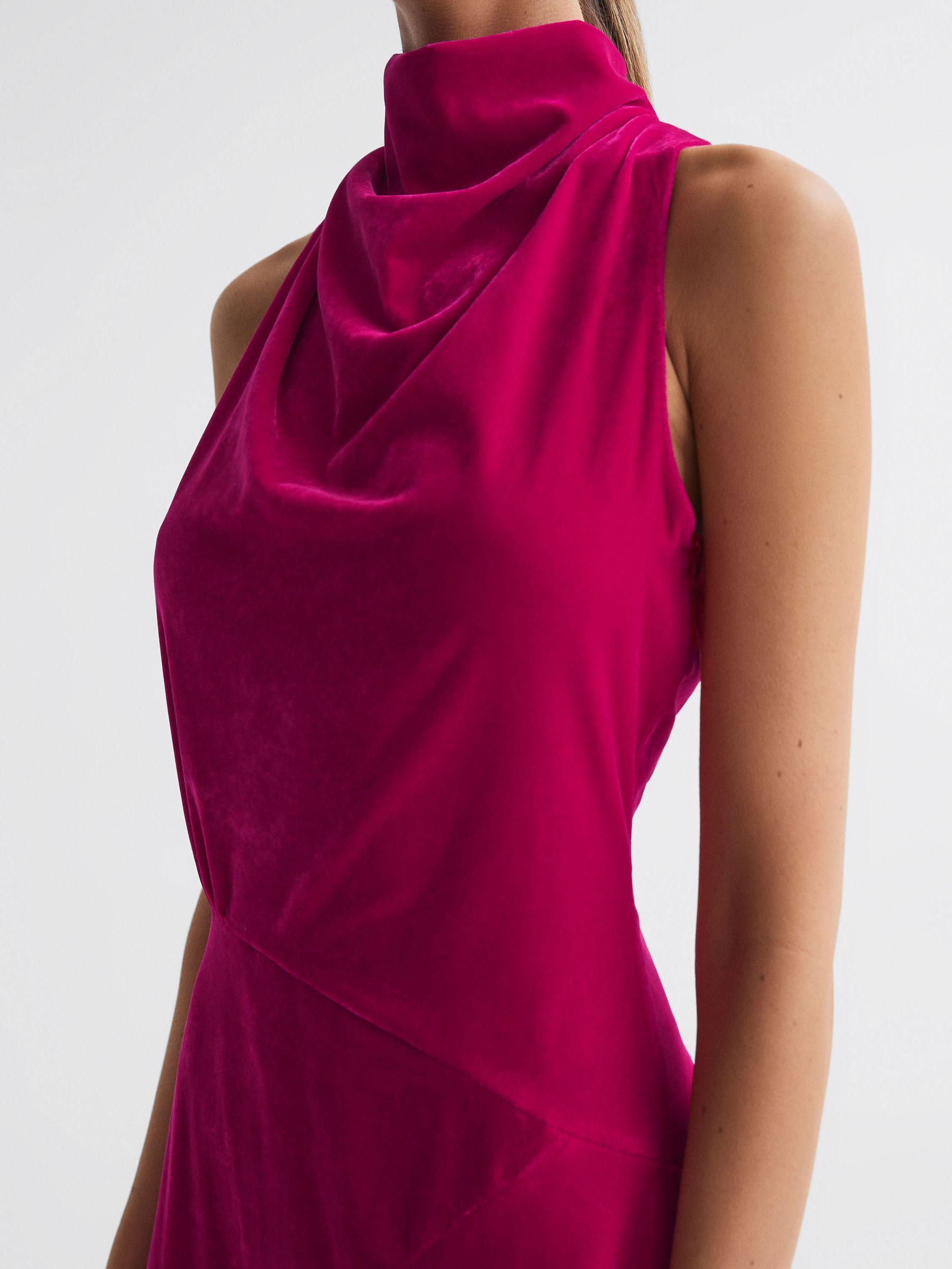 Velvet Funnel Neck Asymmetric Midi Dress in Pink Product Image