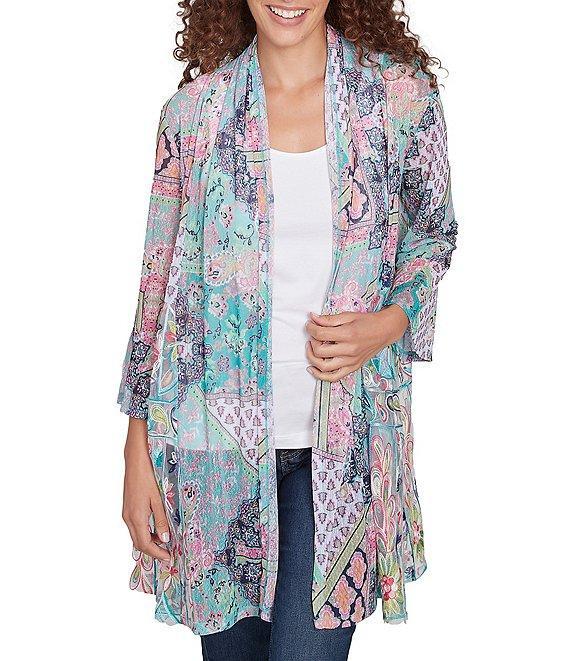 Ruby Rd. Paisley Patchwork Embroidered 3/4 Sleeve Open-Front Flowy Cardigan Product Image