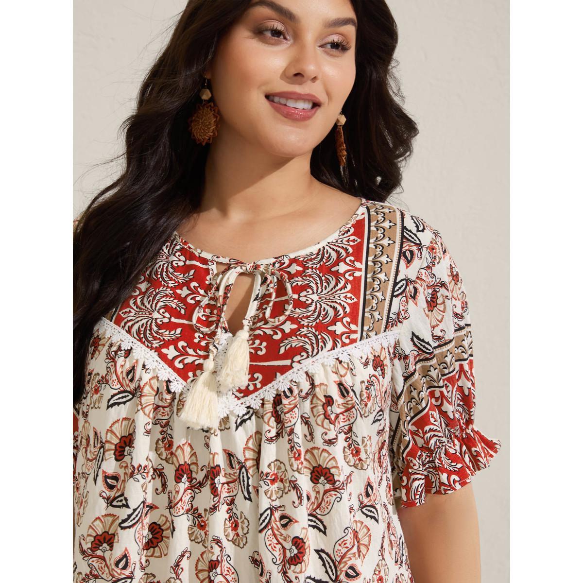 Plus Size Crimson Boho Floral Print Neck Tassels Blouse Women Short sleeve Flat collar with V-notch Vacation Blouses BloomChic 22-24/3X Product Image