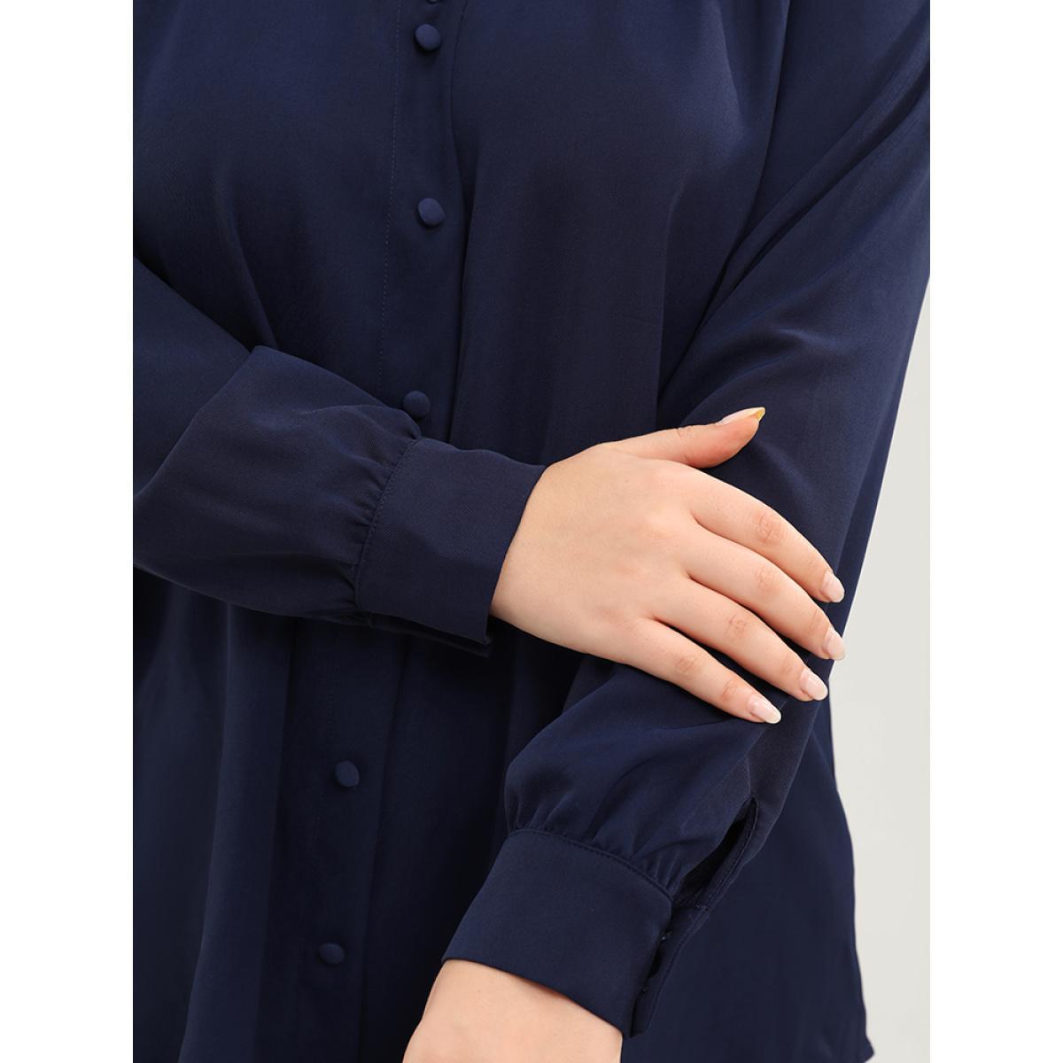 Plus Size Indigo Solid Button Detail Gathered V Neck Blouse Women Elegant Long Sleeve V-neck Dailywear Blouses BloomChic 28/5X Product Image