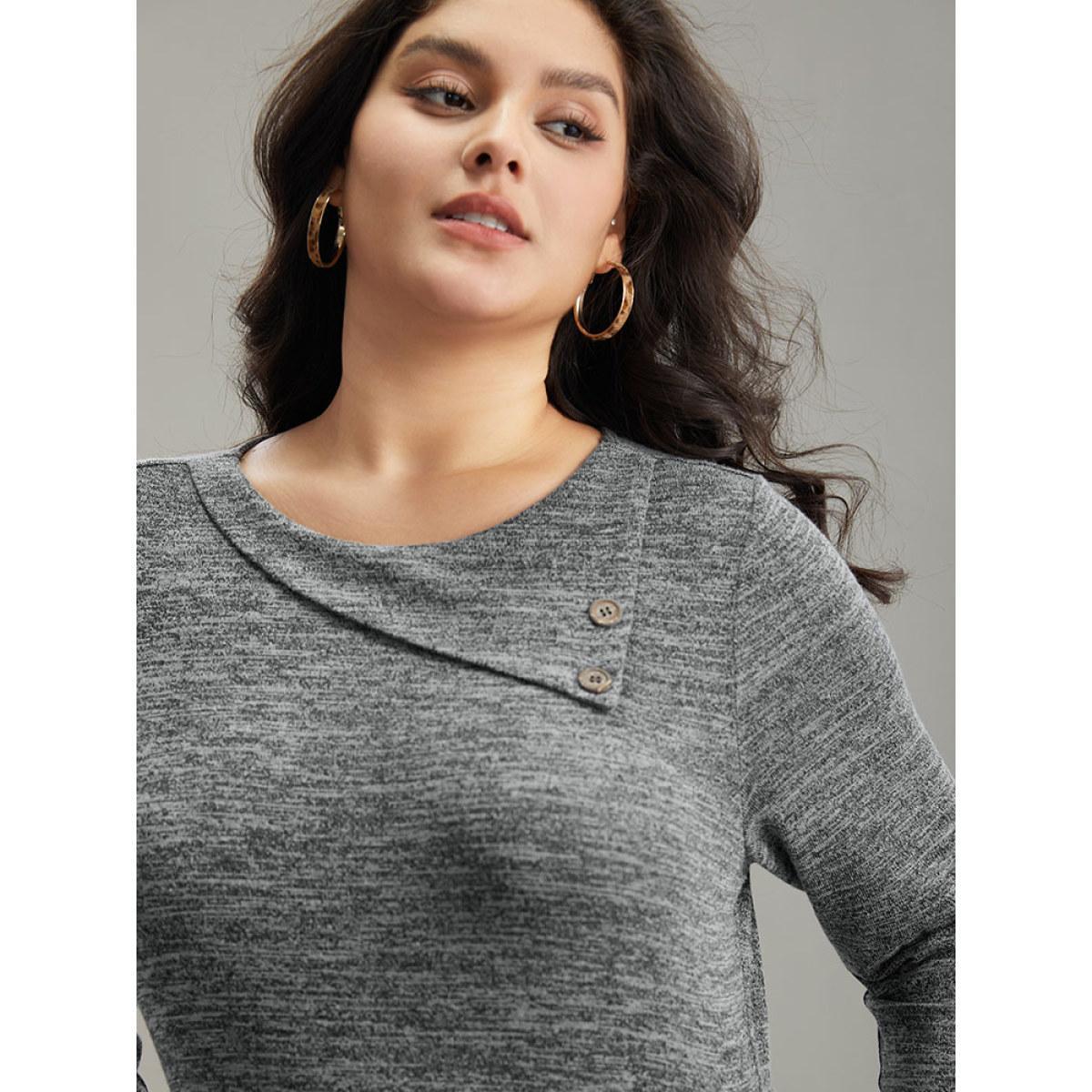 Plus Size Solid Heather Button Detail Pocket Gathered Dress Black Women Work From Home Plain Round Neck Elbow-length sleeve Curvy Midi Dress BloomChic 28/5X Product Image